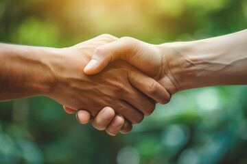 Wall Mural - Close-up of hands in a firm handshake after a triumphant partnership in the office, A powerful image capturing the essence of mutual achievement and collaboration, Unity and teamwork concept banner.