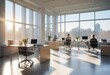impressionistic take on a bright, airy office with wall-to-wall windows, depicted in a soft blur.
