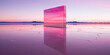 a reflective monolithic object reflecting a vivid pink sunset sky in the midst of a vast open desert landscape