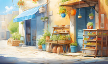 A Beautiful Cafe Street With Flowers And Plants