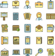 Sticker - Estimator process icons set. Outline set of estimator process vector icons thin line color flat on white