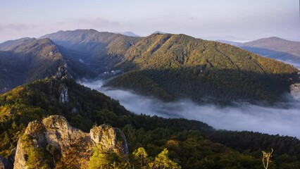 Canvas Print - Time lapse of Slovakia - Sulov, aerial mountain forest panorama with fog