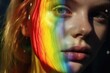 Portrait of a woman with a rainbow reflection on her face