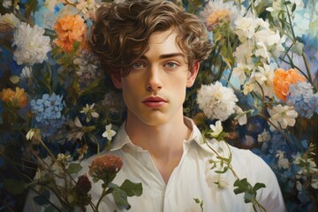 Wall Mural - Portrait of a young guy with medium-length hair surrounded by fresh flowers, illustration