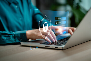 Internet network cybersecurity concept, data privacy protection from malicious attacks, digital information technology security,.Businesswomen login interface virtual online network.