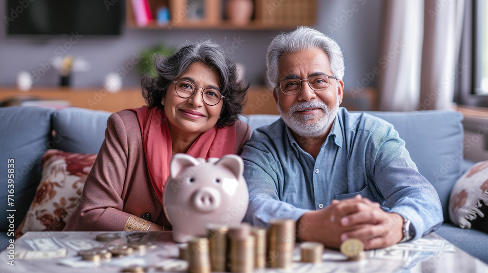 A retired Indian couple sitting with their piggy bank,concept for ...