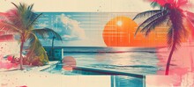 Artistic Summer Collage Blending Vintage Travel Elements With A Tropical Sunset Vibe, Featuring Palm Trees And Geometric Overlays.
