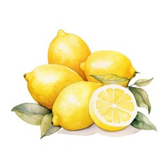 Lemons fruits and slice watercolor illustration on white background