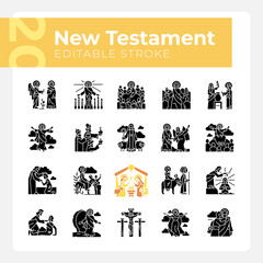 Poster - New testament black glyph icons set on white space. Life of Jesus Christ. Creed christian religion. Faith in God. Holy bible. Silhouette symbols. Solid pictogram pack. Vector isolated illustration