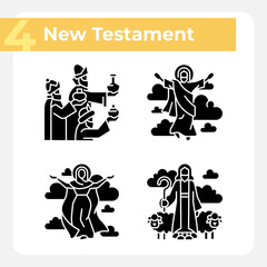 Sticker - Religious scenes black glyph icons set on white space. New testament. Biblical stories. Jesus Christ and Holy Mary. Silhouette symbols. Solid pictogram pack. Vector isolated illustration