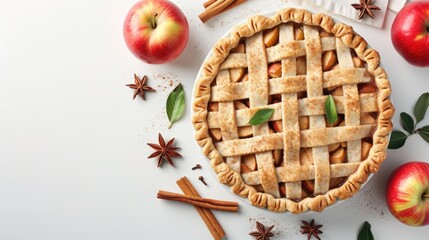 Ingredients - fresh apples, cinnamon sticks around the apple pie on white background