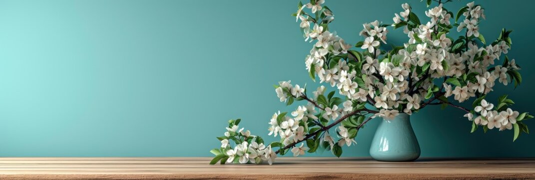 Flowers On Wood Table Blue Background, Banner Image For Website, Background, Desktop Wallpaper