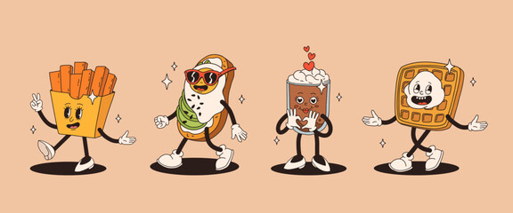 Set of fast food retro groovy cartoon character. Vintage mascot of burger, pizza, hot dog, ice cream, french fries, coffee to go, donut and soda with happy smile. Funky street food illustration