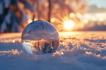 Wall Mural - A glass ball sitting on top of snow covered ground. This image can be used to depict winter, holidays, or a peaceful winter landscape