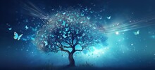 A Tree With Butterflies Flying In A Blue Light