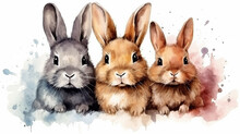 A Group Of Watercolor Rabbits Isolated On A White Background, Illustration For Children
