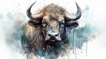 Wall Mural - bull, watercolor portrait of a buffalo, spots of liquid paint isolated on a white background