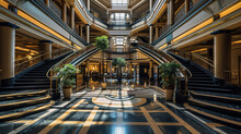 Interior Architectural Photography: Showcase The Interior Spaces Of Buildings, Highlighting Impressive Architectural Features. This Could Include Lobbies, Staircases, Atriums. Generative AI