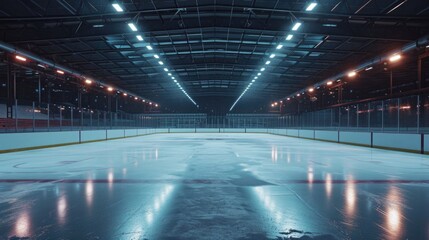 Wall Mural - An empty hockey rink with lights reflecting on the ice. Suitable for sports-related projects and winter-themed designs
