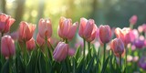 Fototapeta Tulipany - A beautiful field of pink tulips illuminated by the sunlight. Perfect for springtime or nature-themed projects