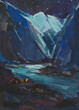Night of the mountain gouache painting. Vertical fabulous landscape with snow-capped mountains. moonlight and the river. A bonfire is burning on the shore. The concept of modern art. Author's painting