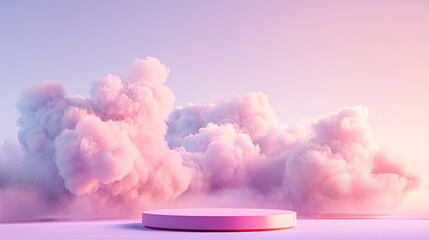 Wall Mural - 3D display podium, pastel pink an violet background. Cloud levitating. Sunset sky concept. Nature Beauty, cosmetic product presentation pedestal