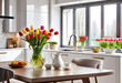 © anmitsu - A luxurious interior design that combines a white kitchen, a dining room with windows, and a living room into one space, with a vase of tulips on the table and a spring atmosphere.