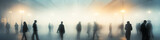 Fototapeta Uliczki - crowd of people in blurry motion in the fog of a city street, long narrow panoramic view, abstract background, urban smoke, concept social issues