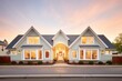 cape cod home at the golden hour with symmetric dormer windows glowing
