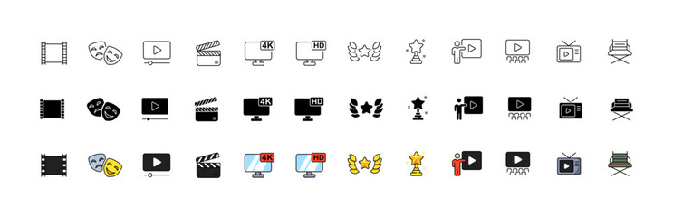 Sticker - Cinema icon set. Linear, silhouette and flat style. Vector icons