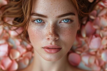 portrait of a young and beautiful woman with perfectly smooth skin surrounded by rose petals. banner