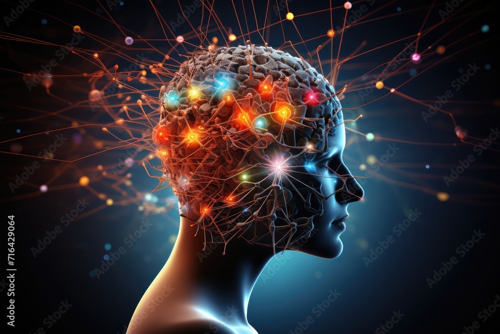 Skull's neurons gem-toned creativity. Synaptic connections, dappled in ...