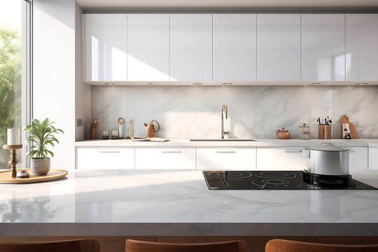 corner of modern kitchen with white marble walls, concrete floor, gray countertops and white cupboar