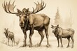 Sketch of a moose aggressively confronting wolves on a plain background. Generative AI