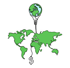 Wall Mural - Color Map of planet Earth and light bulb with dollar as line drawing on white
