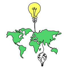 Wall Mural - Color Map of planet Earth and light bulb as line drawing on white