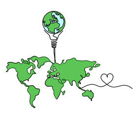 Wall Mural - Color Map of planet Earth and light bulb with heart as line drawing on white