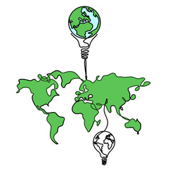 Wall Mural - Color Map of planet Earth and light bulb as line drawing on white