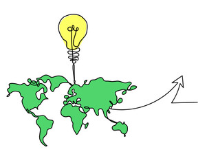 Wall Mural - Color Map of planet Earth and light bulb with direction as line drawing on white