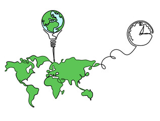 Wall Mural - Color Map of planet Earth and light bulb with clock as line drawing on white