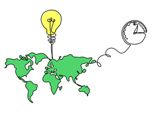 Wall Mural - Color Map of planet Earth and light bulb with clock as line drawing on white