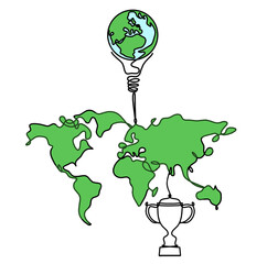 Wall Mural - Color Map of planet Earth and light bulb with trophy as line drawing on white