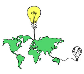 Wall Mural - Color Map of planet Earth and light bulb with light bulb as line drawing on white
