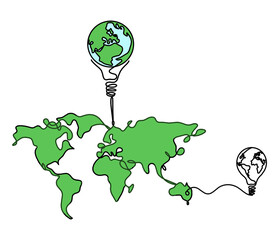 Wall Mural - Color Map of planet Earth and light bulb with light bulb as line drawing on white