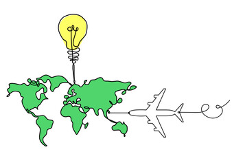 Wall Mural - Color Map of planet Earth and light bulb with plane as line drawing on white
