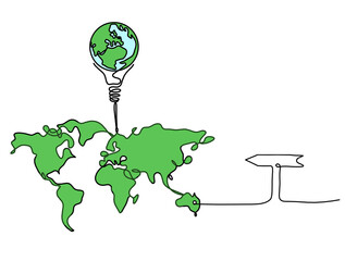 Wall Mural - Color Map of planet Earth and light bulb with direction as line drawing on white