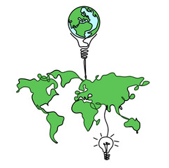 Wall Mural - Color Map of planet Earth and light bulb as line drawing on white