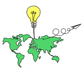 Wall Mural - Color Map of planet Earth and light bulb with paper plane as line drawing on white