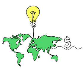 Wall Mural - Color Map of planet Earth and light bulb with dollar as line drawing on white