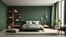 Small minimalist bedroom arrangement with a bed, a desk, a bookcase and a green wall